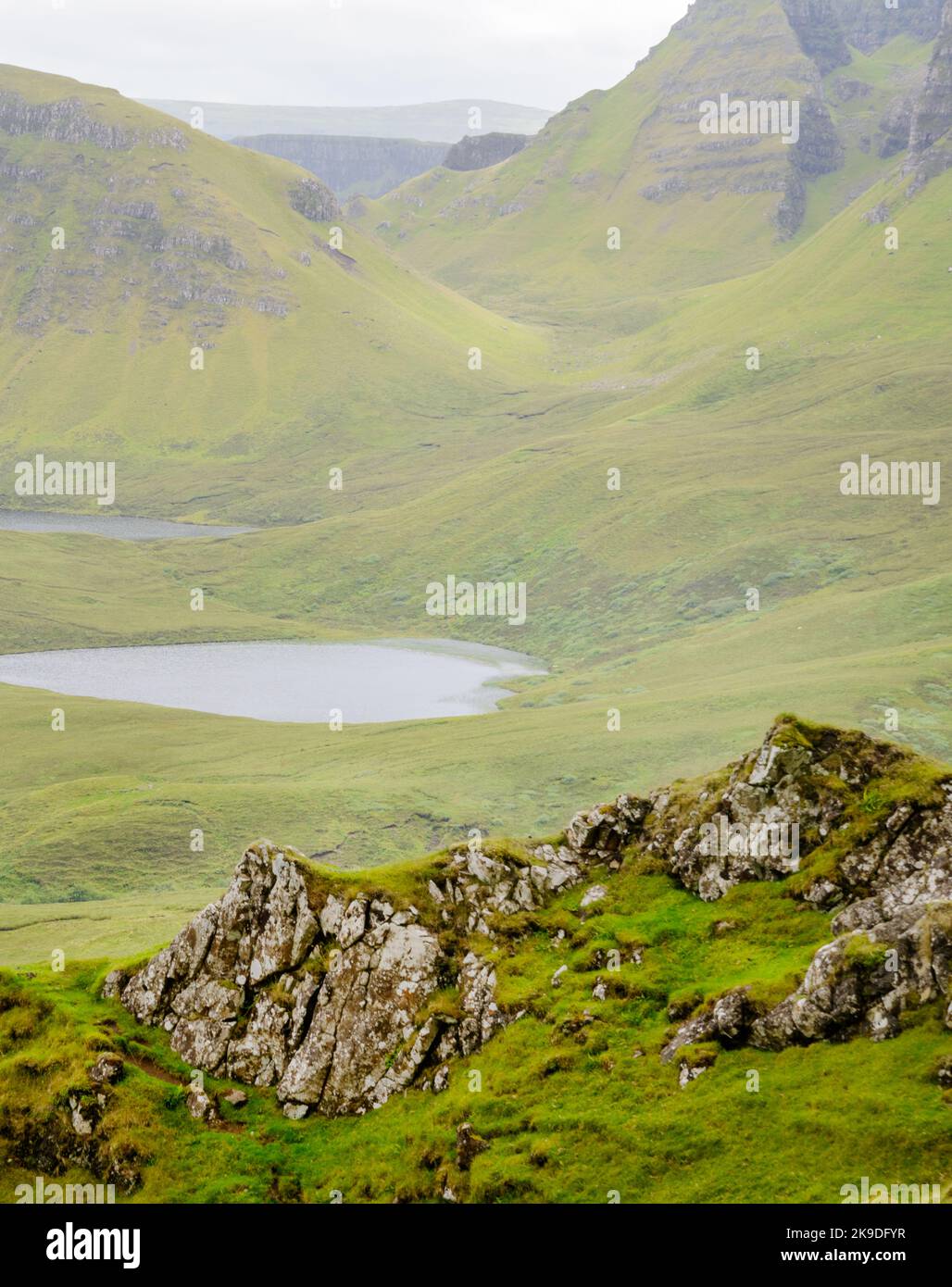 The Quiraing walking loop,beautiful,stunning,dramatic Scottish,Isle of Skye mountain scenery,jagged rocks and peaks,remains of ancient landslip, windi Stock Photo