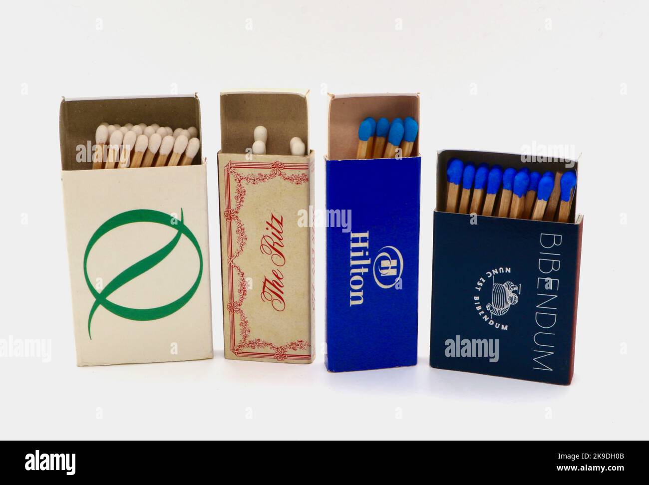 Open boxes of matches from Quaglino's restaurant The Ritz hotel The Hilton hotel and Bibendum restaurant London England UK against a white background Stock Photo