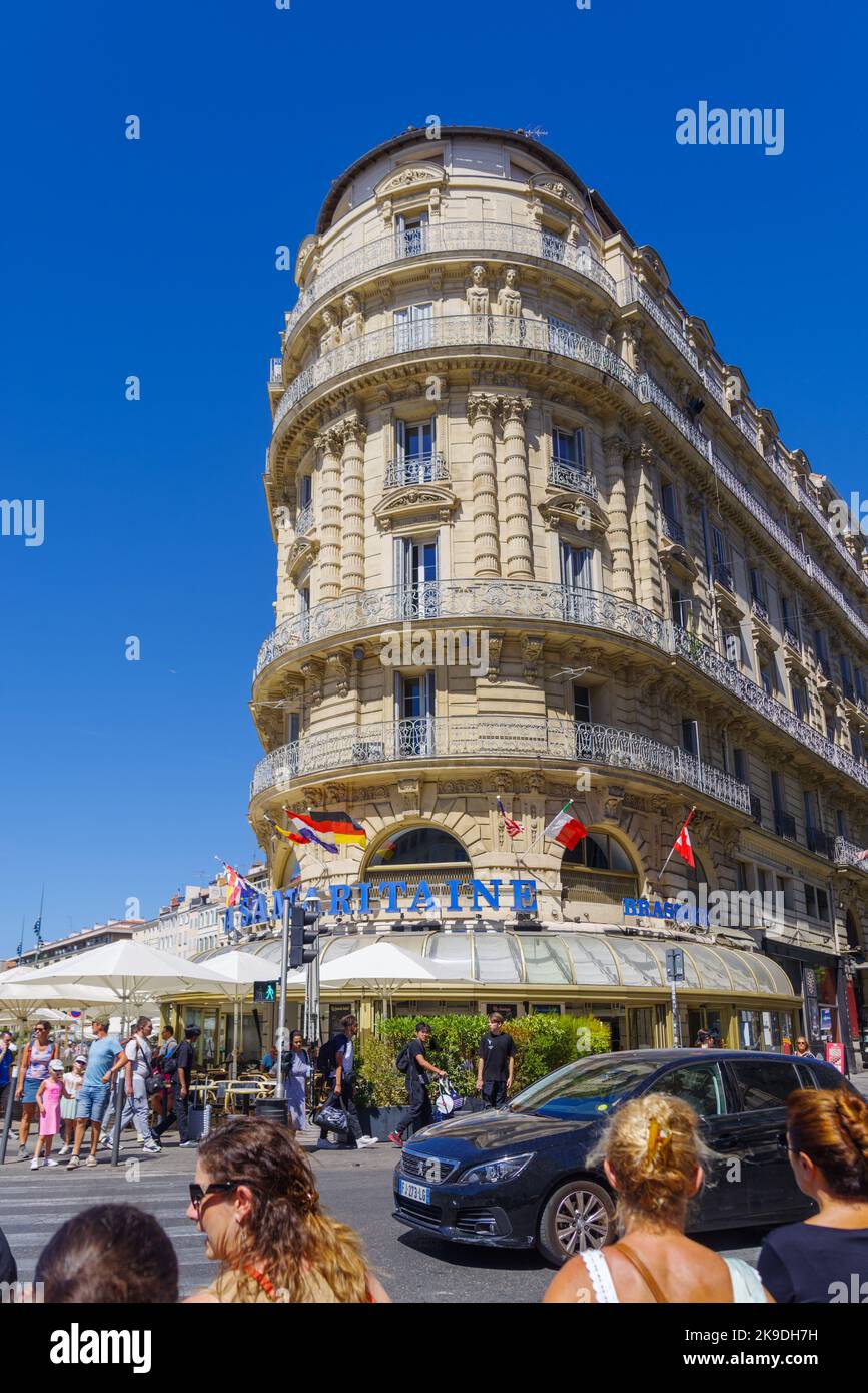 MARSEILLE, FRANCE - AUGUST 2, 2022: typical building at the vieux port.  It has been the natural harbour of the city since antiquity and is now the ma Stock Photo