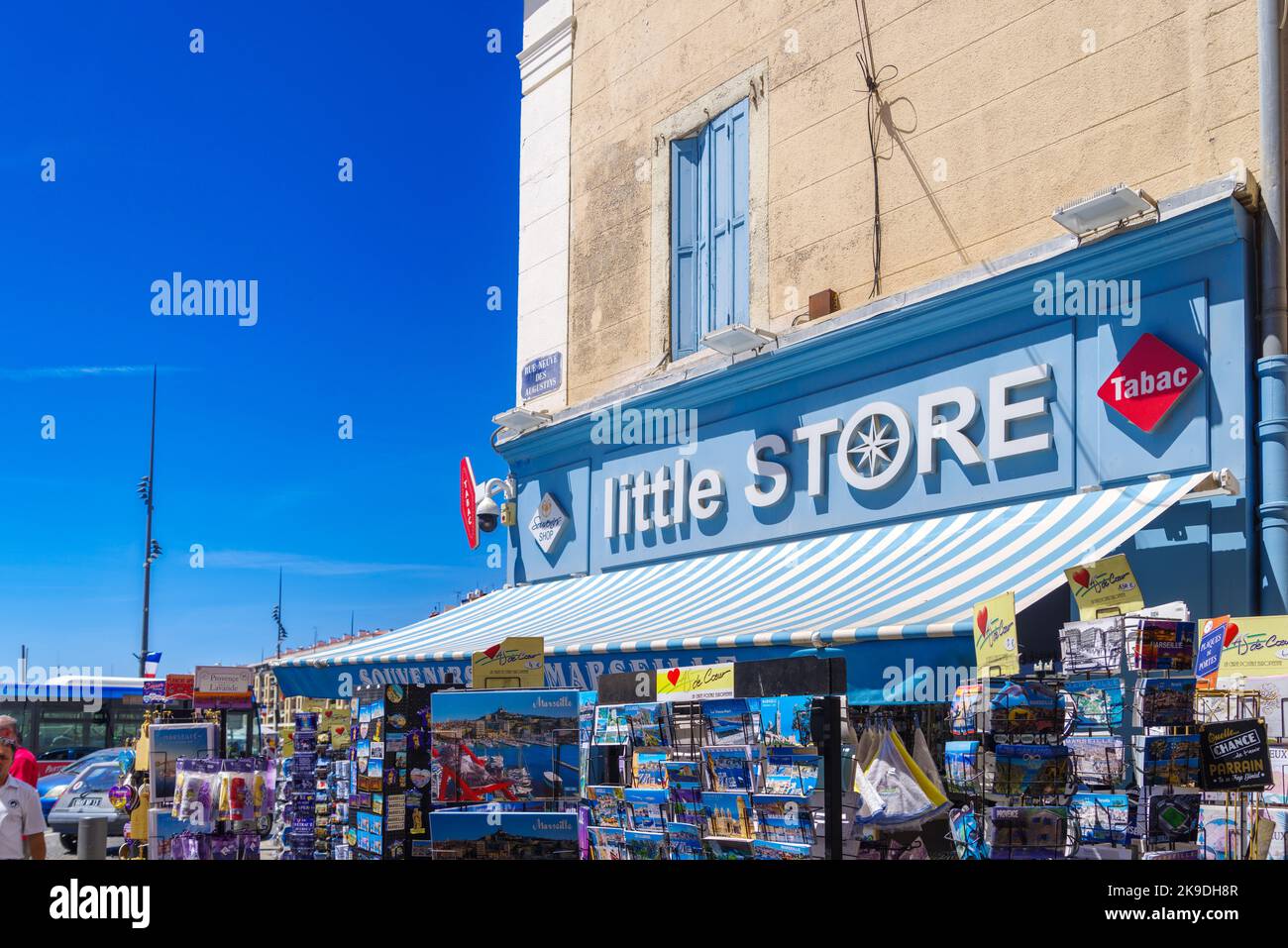 MARSEILLE, FRANCE - AUGUST 2, 2022: Souvenir shop in the old harbor (vieux port). It has been the natural harbour of the city since antiquity and is n Stock Photo