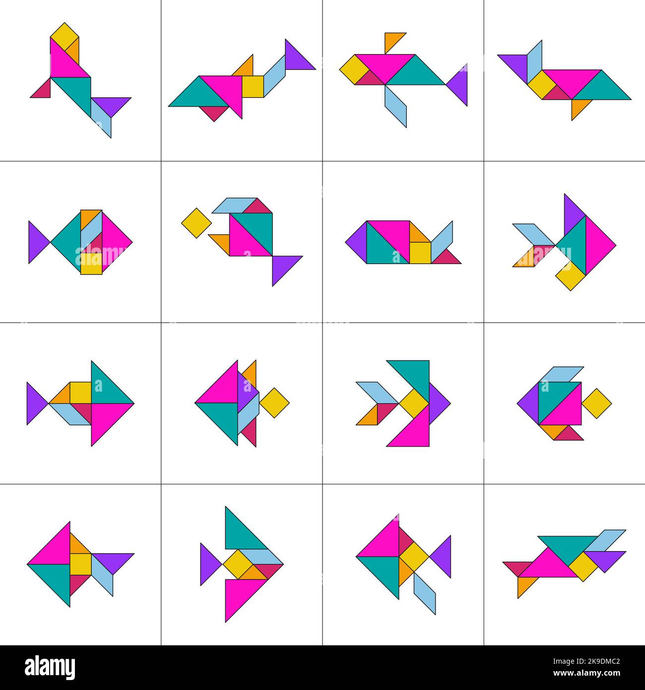 Tangram puzzle for kids. Set of tangram Fish. Stock Vector