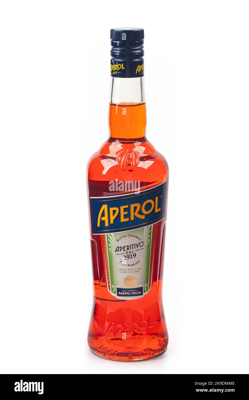 WETZLAR, GERMANY 2022-07-18: Aperol bottle on white background. Italian aperitif. Alcoholic beverage. Stock Photo