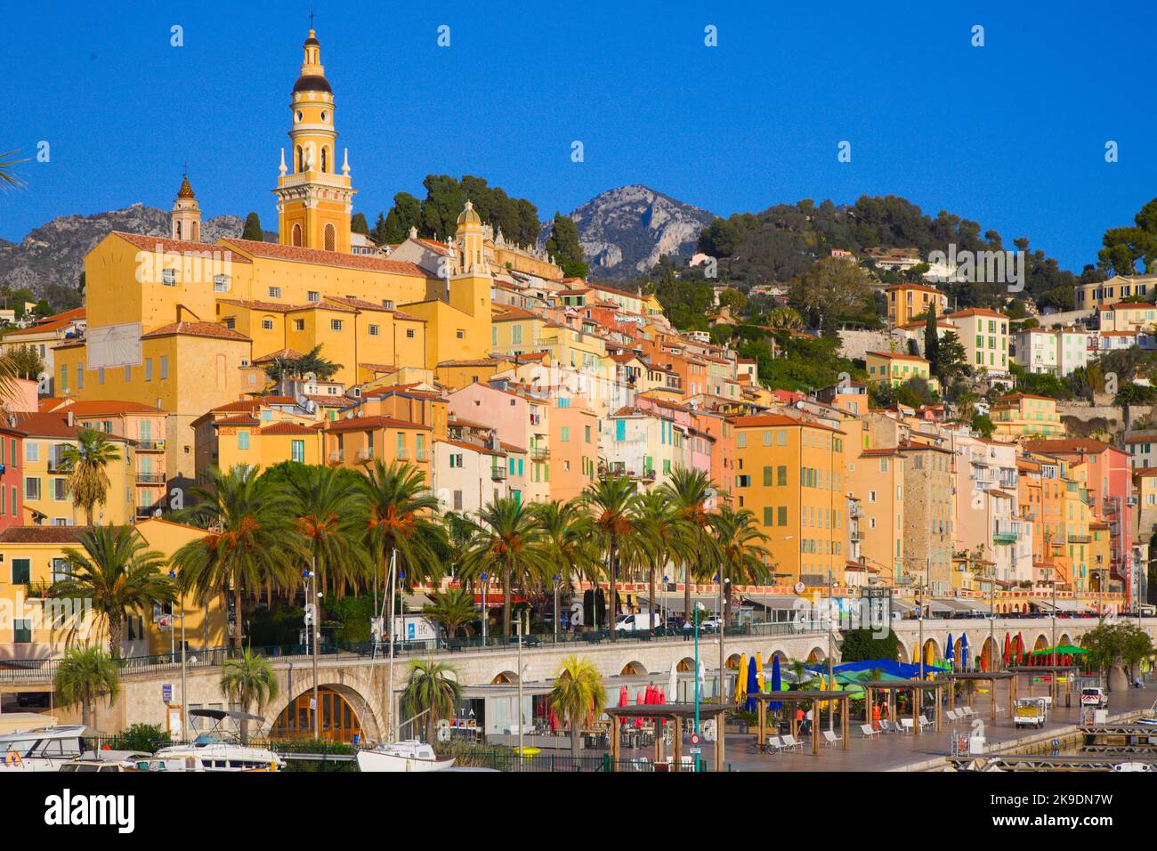 France, Cote d'Azur, Menton, Vieux Port, skyline, Stock Photo