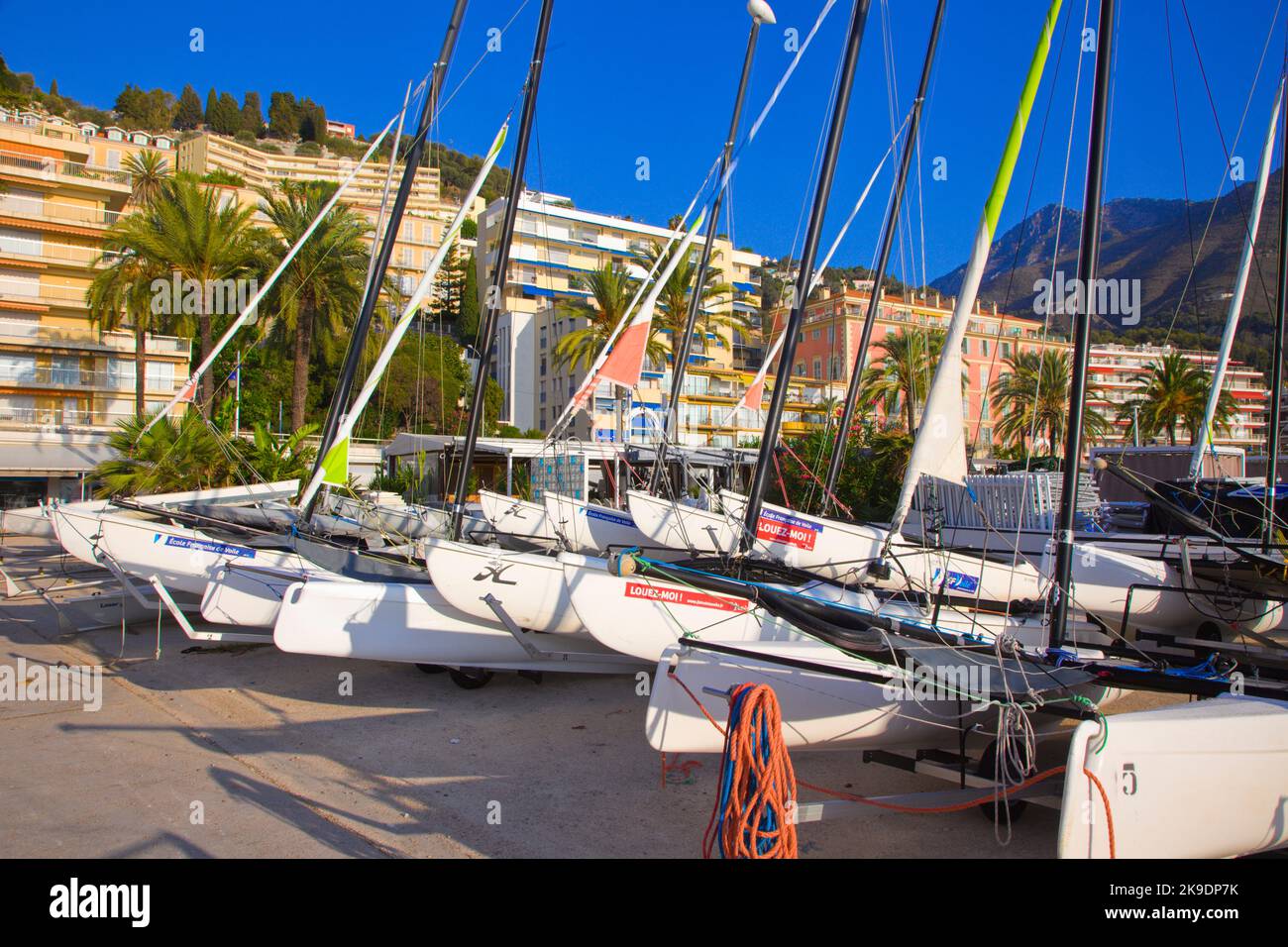 France, Cote d'Azur, Menton, sailboats, harbor, Stock Photo