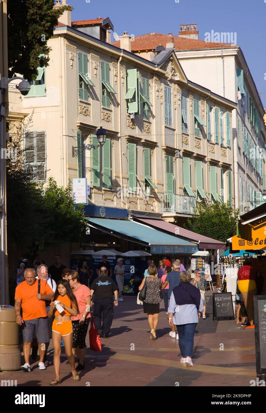 France, Cote d'Azur, Menton,  Rue St-Michel, pedestrian street, people, Stock Photo