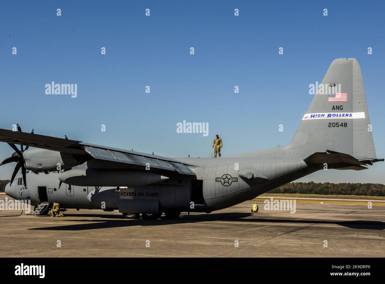 Senior Master Sgt. Joshua Jay, a 154th Training Squadron flight engineer instructor, inspects the top of the new NP 2000 on loan to the squadron from the 152nd Airlift Wing, Oct. 21, 2022, at Little Rock AIr Force Base, Ark. The NP 2000 is similar to the C-130H model flown at the 189th AIrlift Wing, with a few differences such as the eight-bladed props on the NP 2000 compared to the four-bladed props on the legacy C-130. (U.S. Air National Guard photo by Master Sgt. Jessica Roles) Stock Photo
