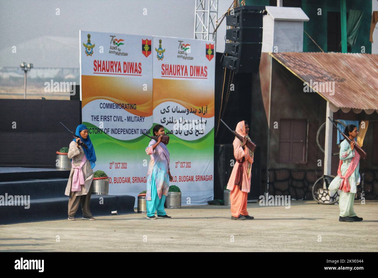 October 27, 2022, Srinagar, Jammu and Kashmir, India: A group of women perform the scenes local women force at a function 76th Infantry Day celebrations in Srinagar, the summer capital of Indian Kashmir, 27 October 2022. Indian Defence Minister Rajnath Singh attended the 'Shaurya Diwas' programme organized by Indian Army in Budgam. The Indian Army was celebrating the day of induction in state of Jammu and Kashmir on 27 October 1947. At the event organized by the Indian Army, it recreated scenes of their re-enactment of landing in Kashmir this day 76 years ago. (Credit Image: © Mubashir Hassan/ Stock Photo