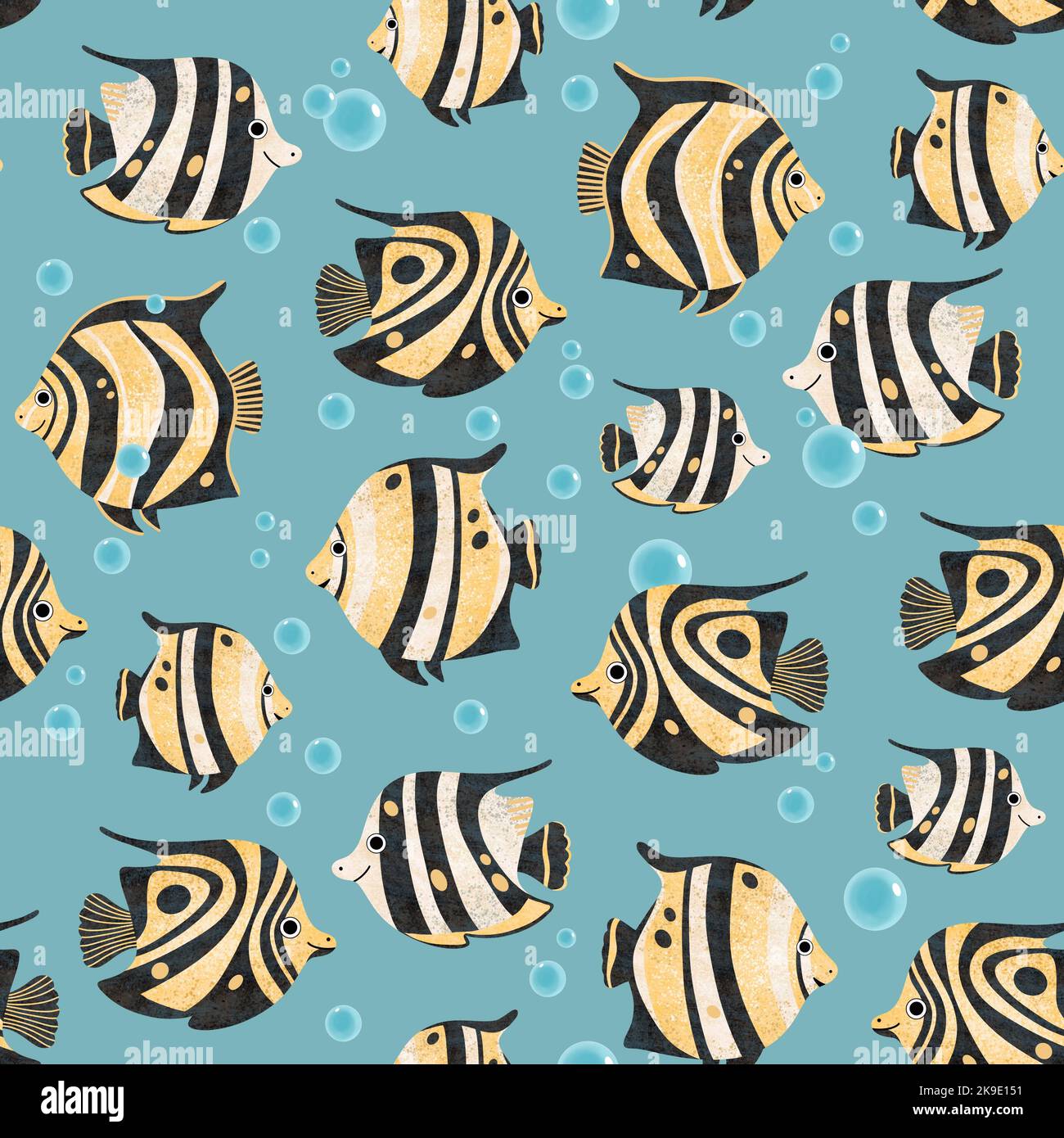 Trendy seamless pattern with cute coral fish. Butterfly fish and water bubbles on blue background. Hand drawn illustration for print. Stock Photo