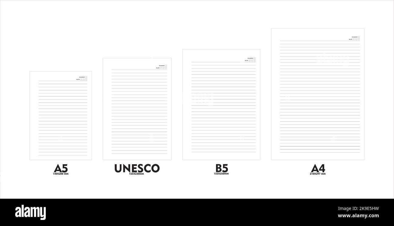 Design of note book refills in sizes A5, A4, B5 and unesco sizes. Ready to print for personal use or fabrication. In a vector set Stock Vector