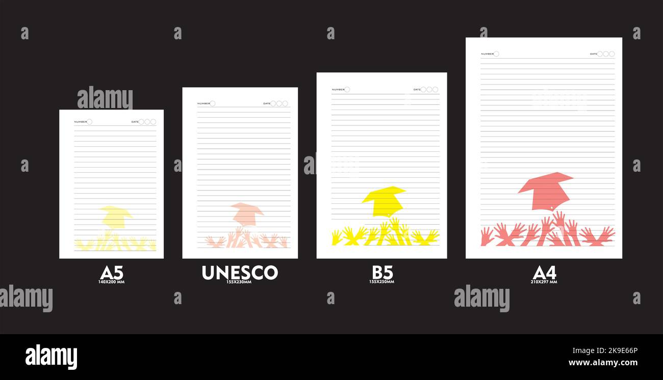 Design of note book refills in sizes A5, A4, B5 and unesco sizes. Ready to print for personal use or fabrication. In a vector set Stock Vector