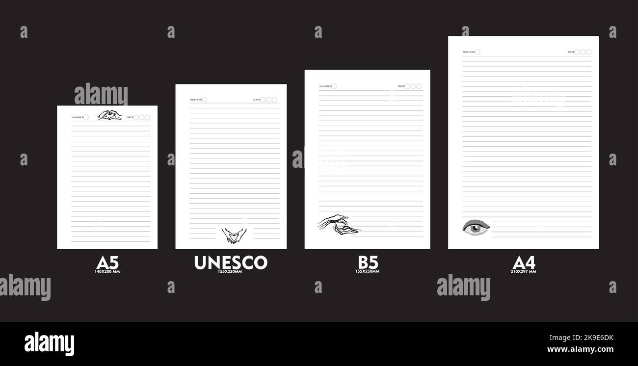 Design of note book refills in sizes A5, A4, B5 and unesco sizes. Ready