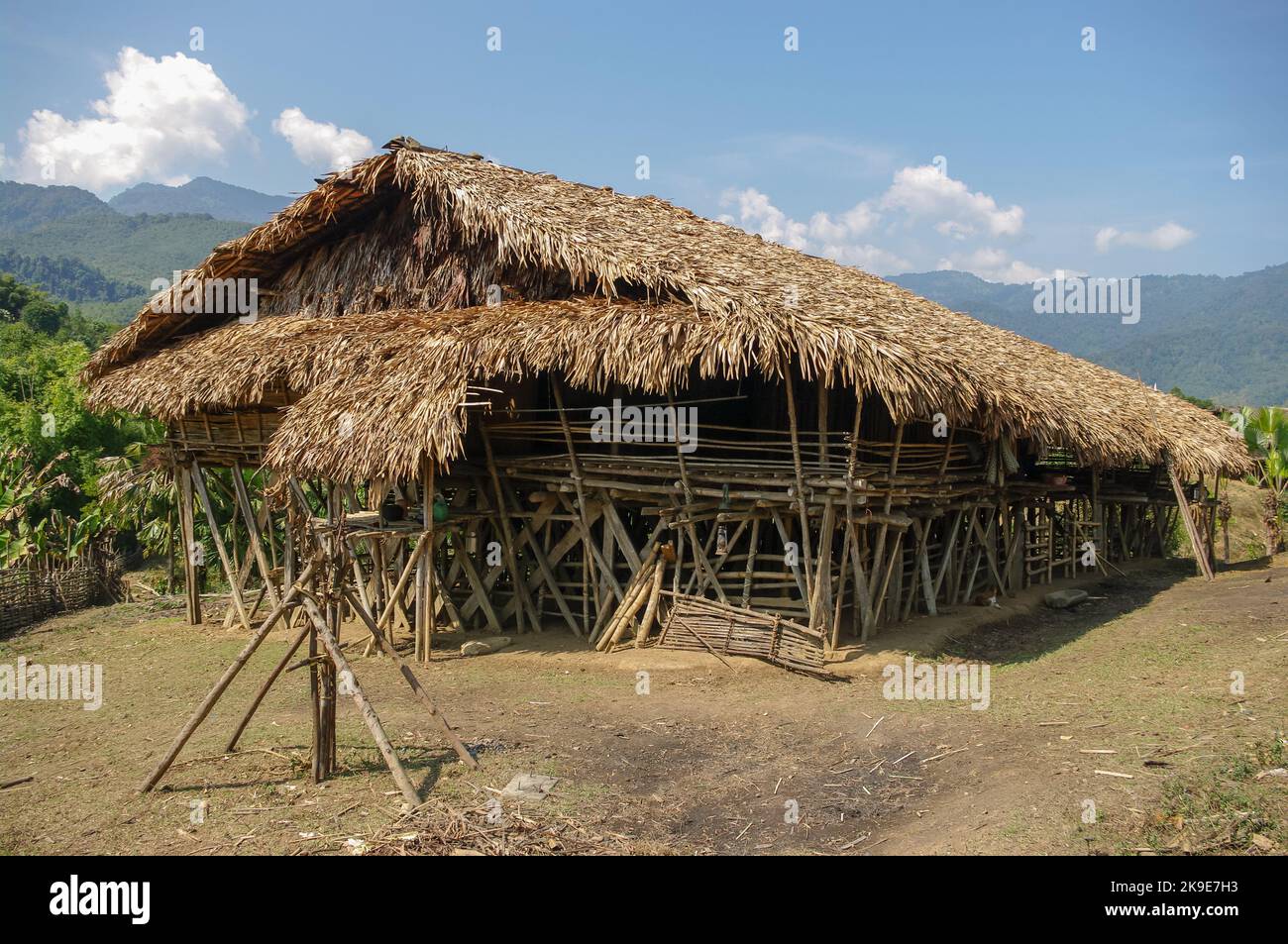 Rural landscape view of traditional Adi Galong or Galo tribal house on