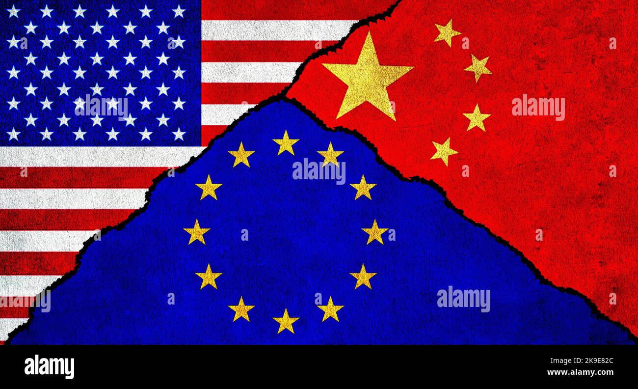 USA, European Union and China flag together on wall. Diplomatic relations between United States