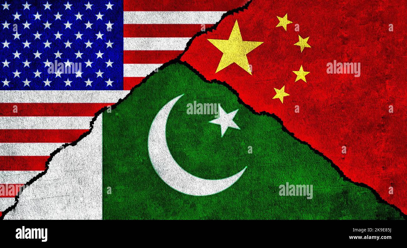 USA, China and Pakistan flag together on wall. Diplomatic relations between United States of America, Pakistan and China Stock Photo