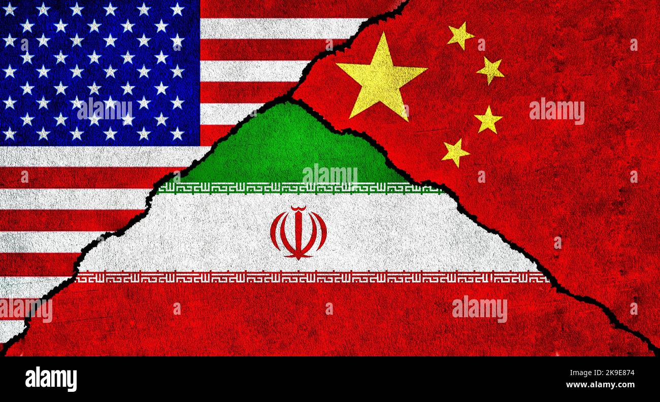 USA, China and Iran flag together on wall. Diplomatic relations between