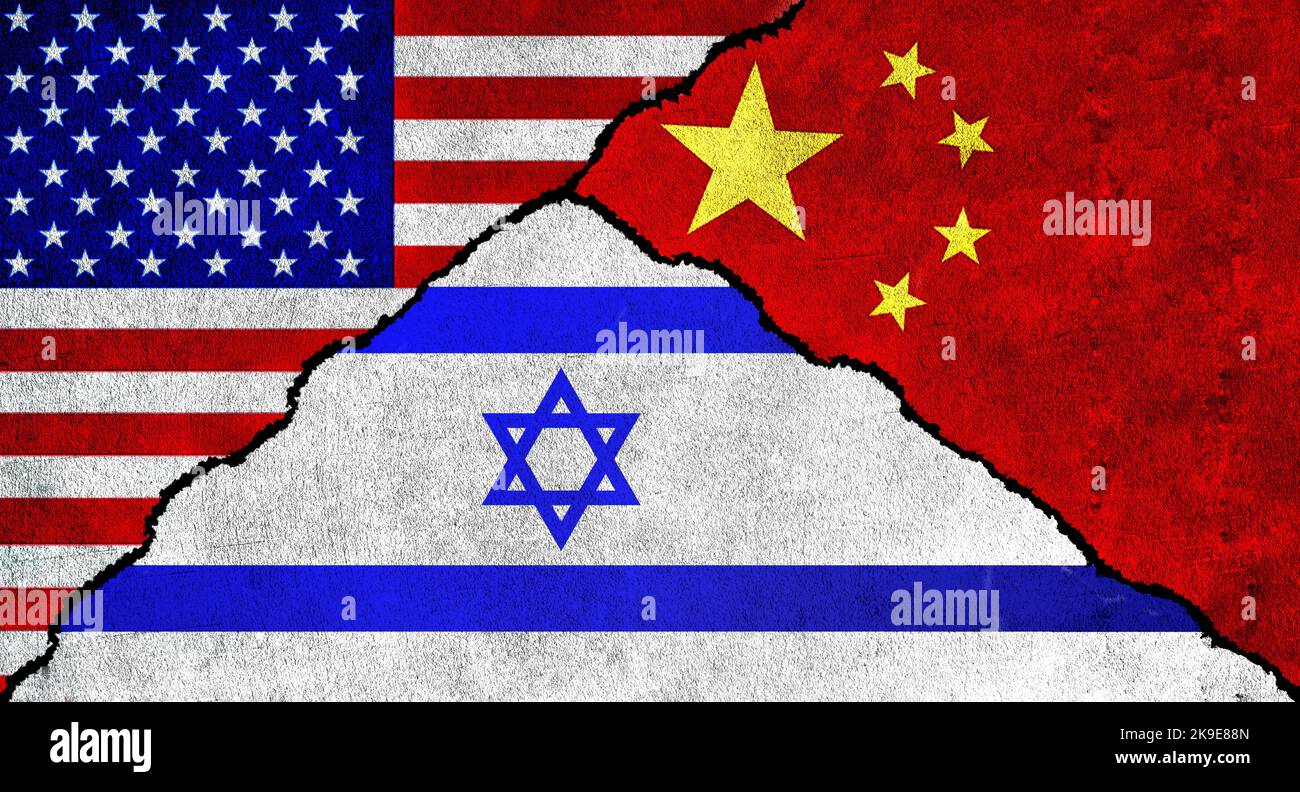 USA, China and Israel flag together on wall. Diplomatic relations ...