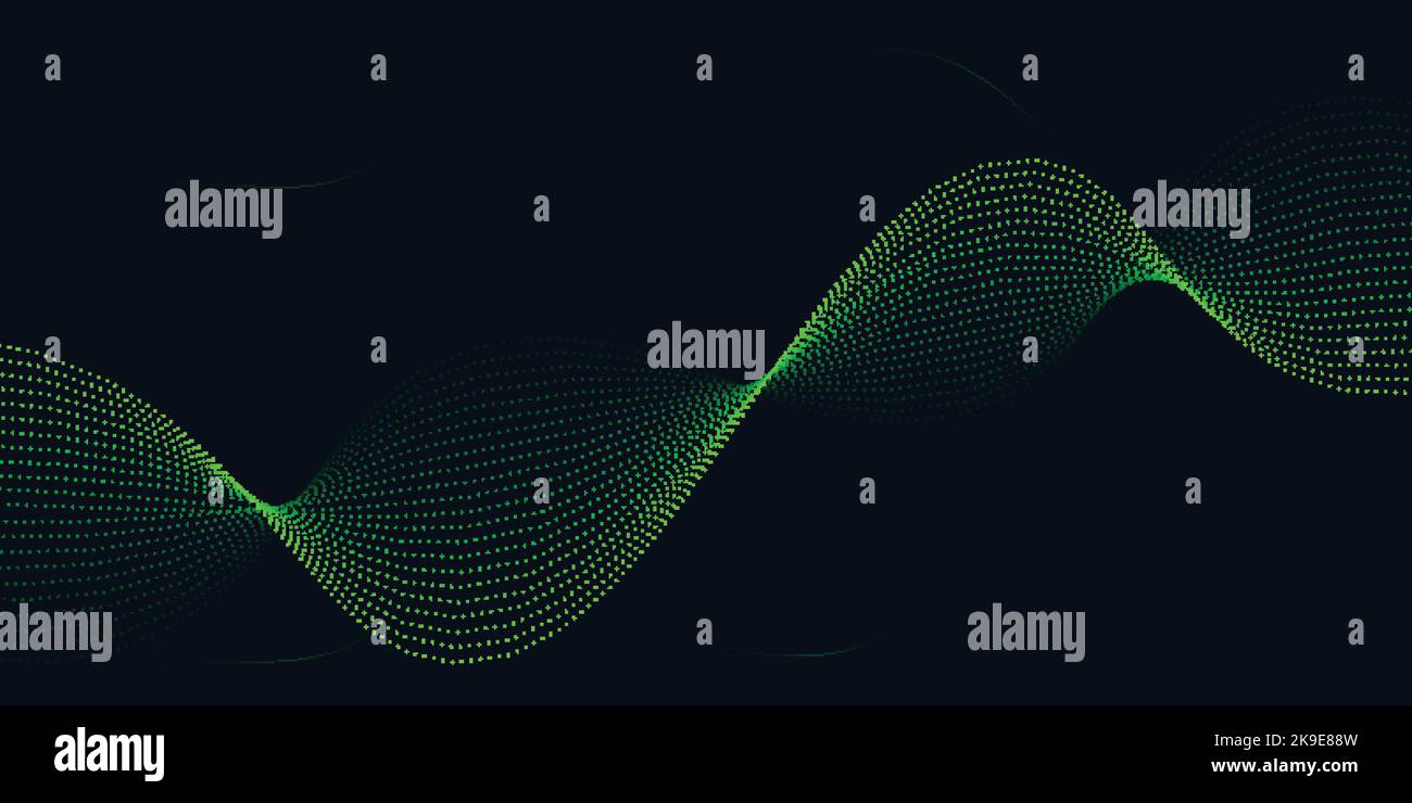 Green flowing particles abstract background design, dark background ...