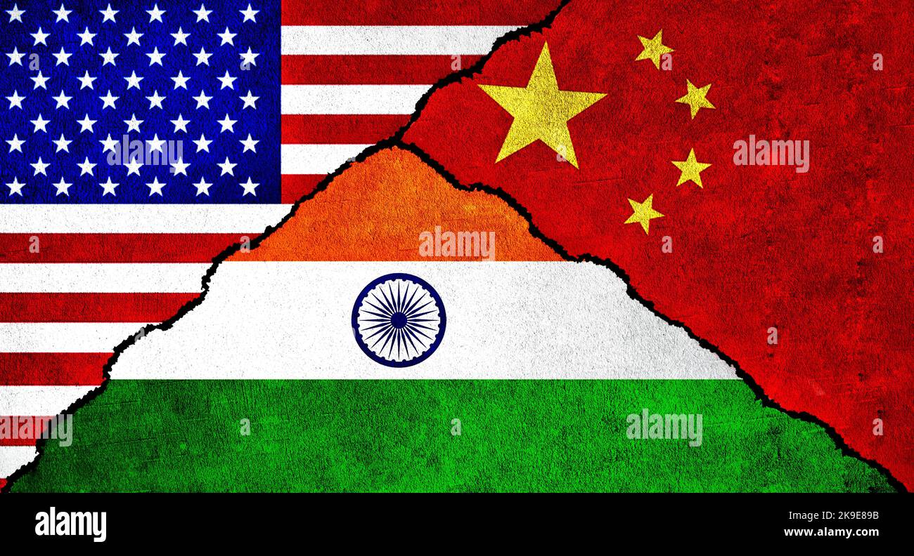 USA, China and India flag together on wall. Diplomatic relations between United States of America, India and China Stock Photo