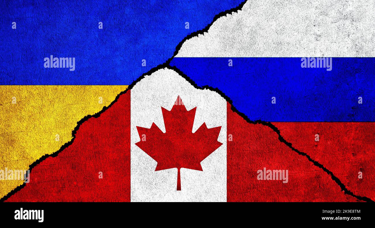 Russia, Ukraine and Canada flag together on wall. Diplomatic relations