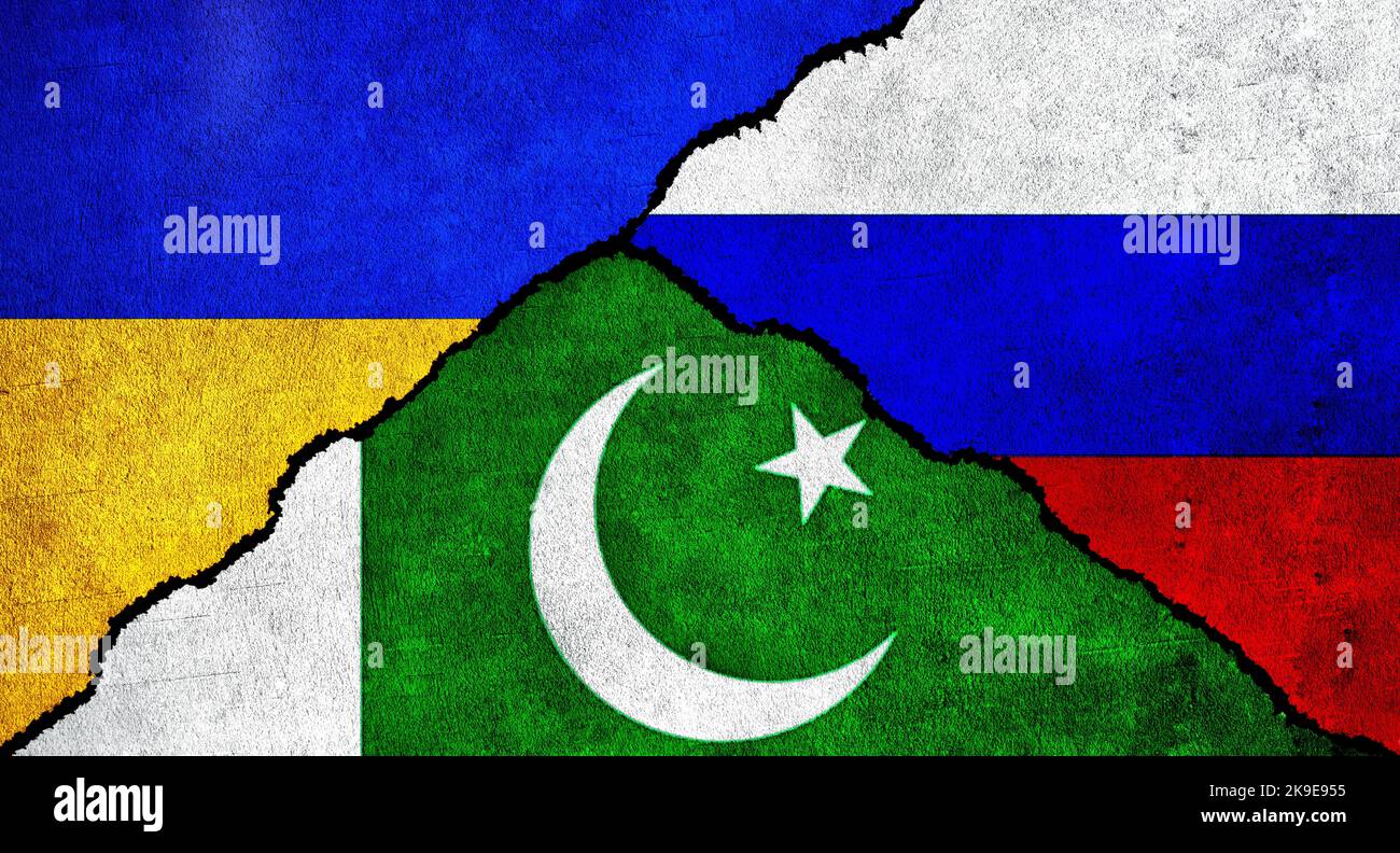 Russia, Ukraine and Pakistan flag together on wall. Diplomatic relations between Russia, Pakistan and Ukraine Stock Photo
