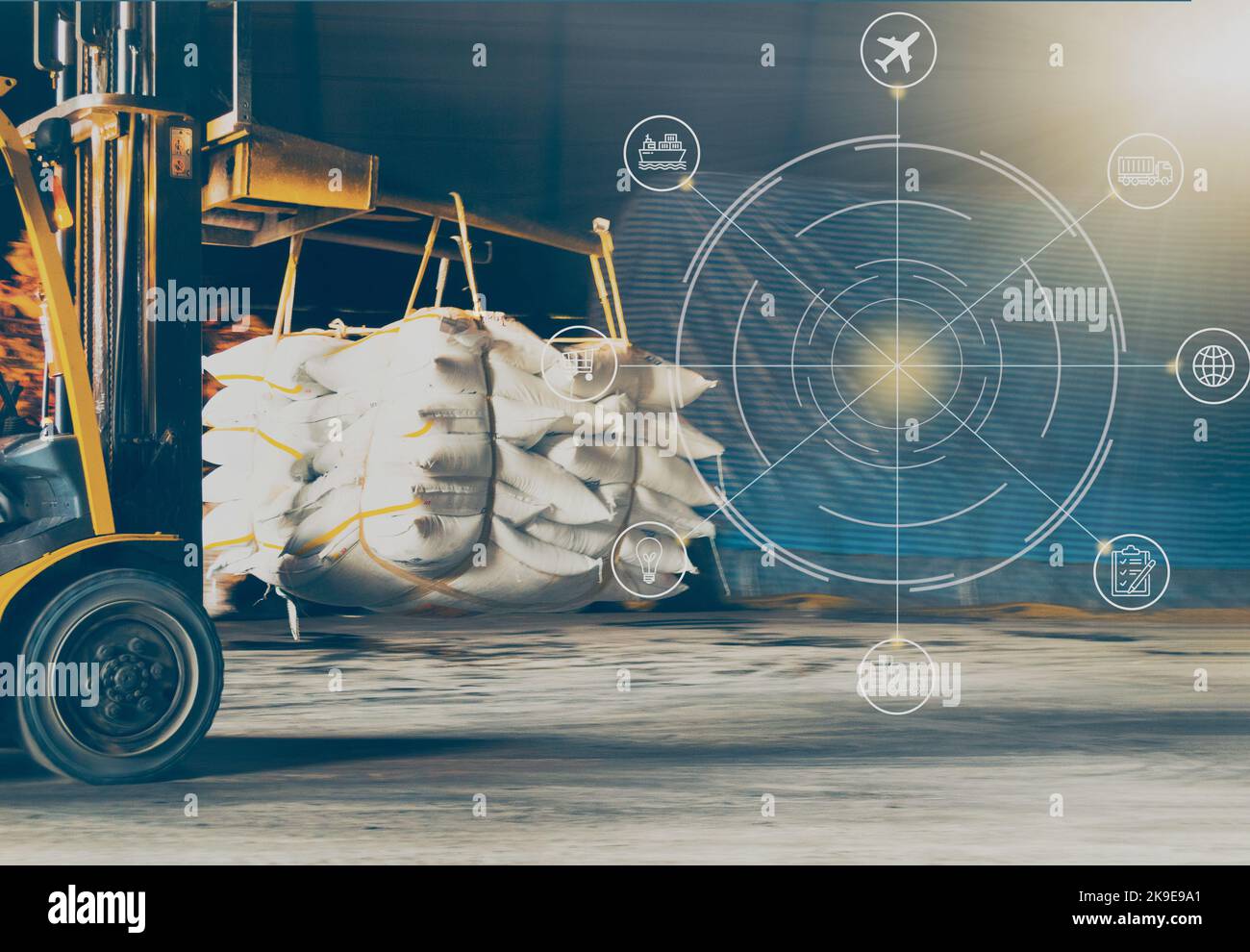 Illustration of cargo logistics, forklift handling bag cargo in warehouse. Product distribution