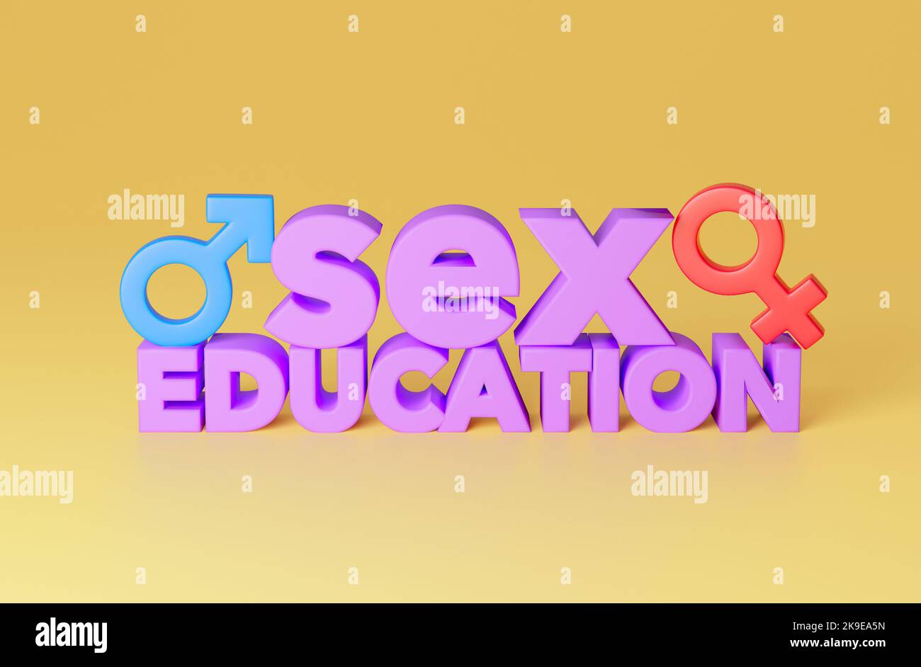 Sex education. Purple lettering on a yellow background with gender symbols of man and woman. 3d render. Stock Photo