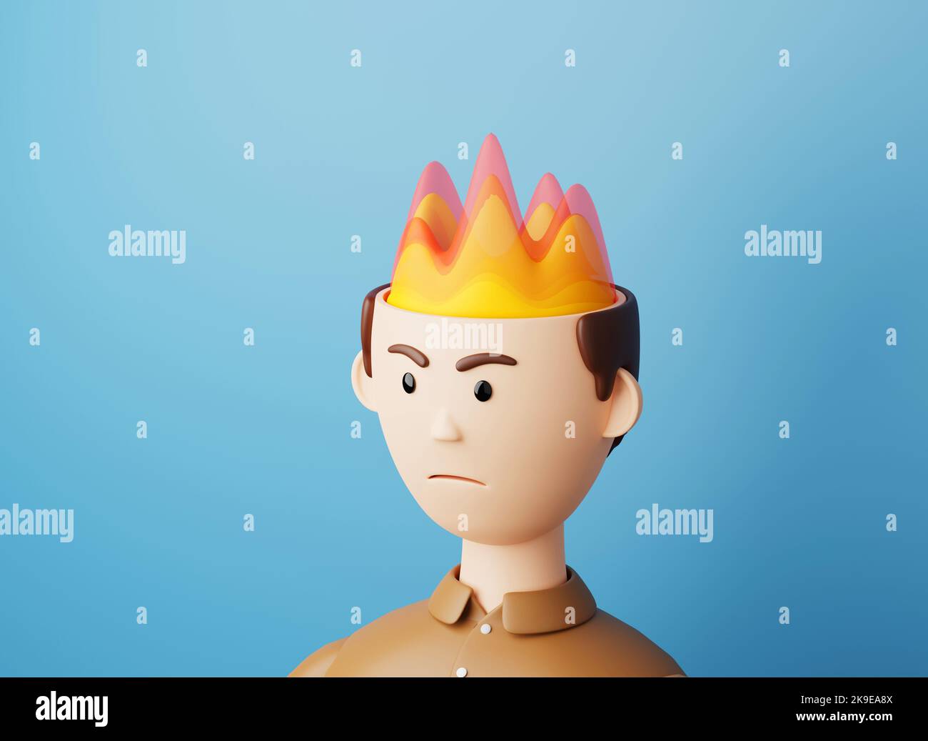 Angry man. Fire from the head of a man as a symbol of anger and stress. 3d render. Stock Photo