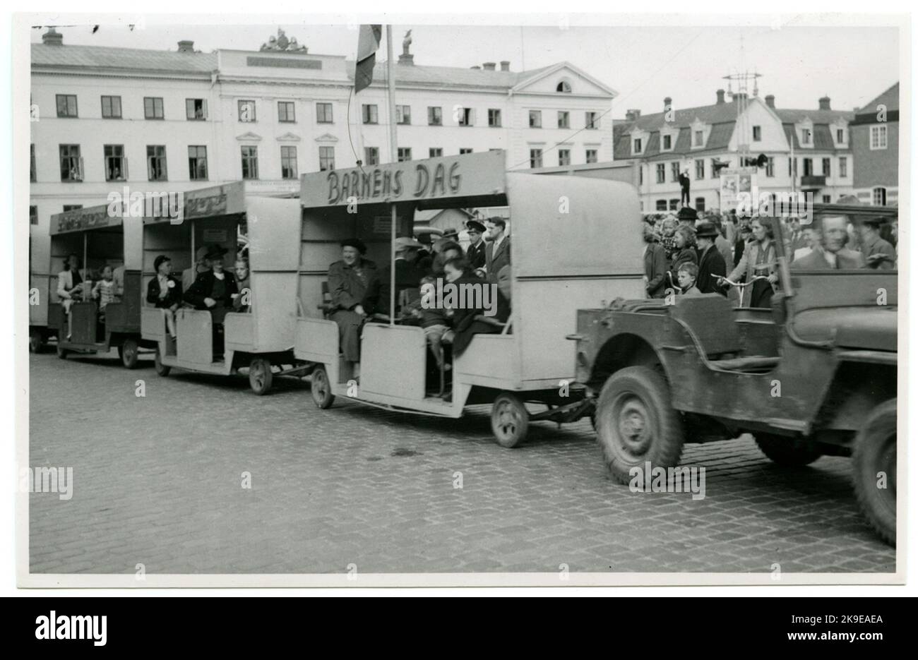 Children's Day in Kristianstad. The road train that went every half hour between Stora Torg and the party place in Kristianstad. Stock Photo