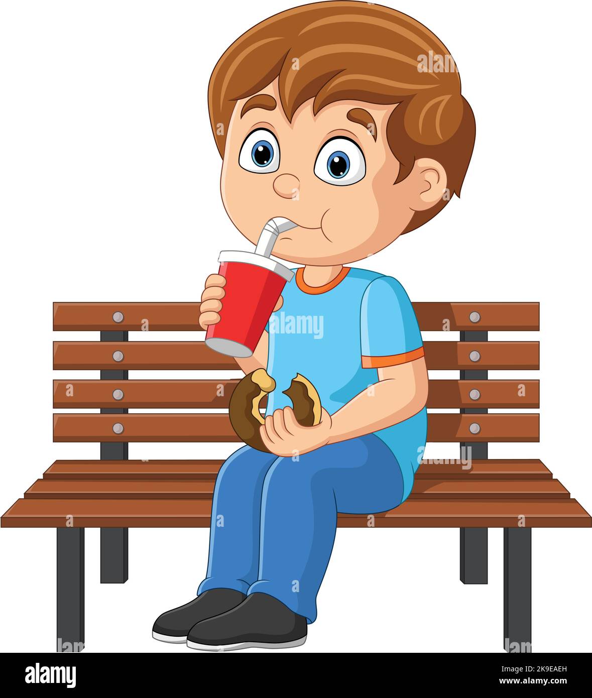 Cartoon little boy eat donut and drink soda on bench Stock Vector