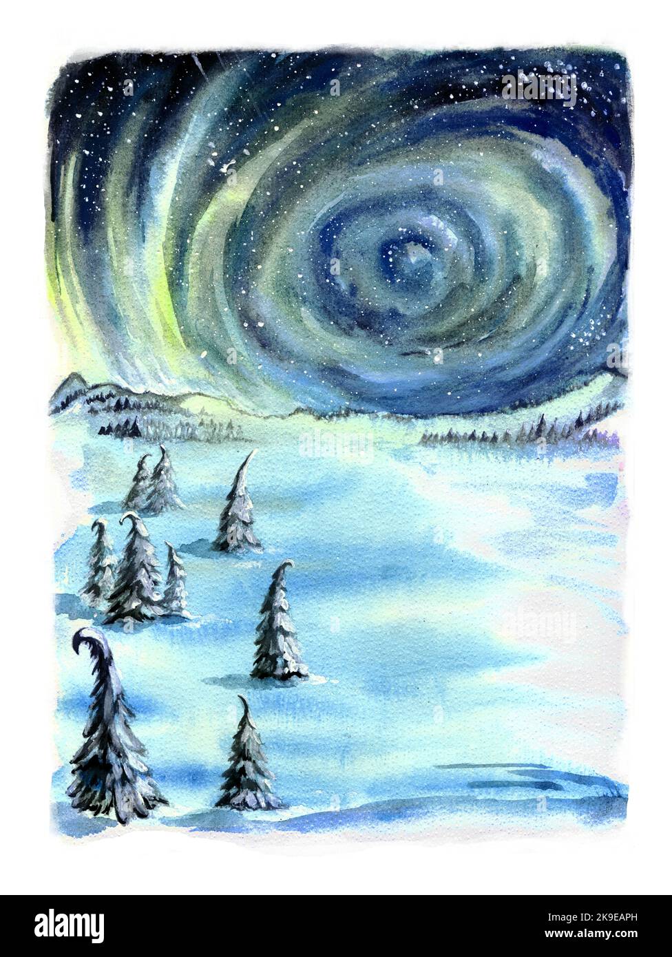 Northern lights in winter. Winter landscape with snow and firs. Watercolor landscape. Stock Photo