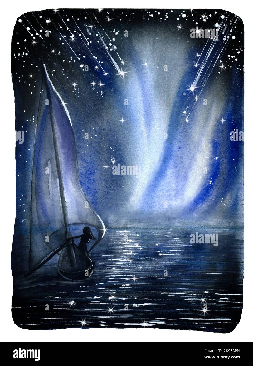 A sailboat with a girl floats on the sea at night against the backdrop of the night starry sky. Stock Photo