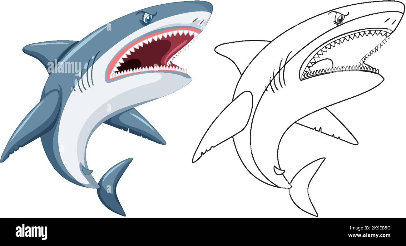 Shark cartoon character with its doodle outline illustration Stock ...