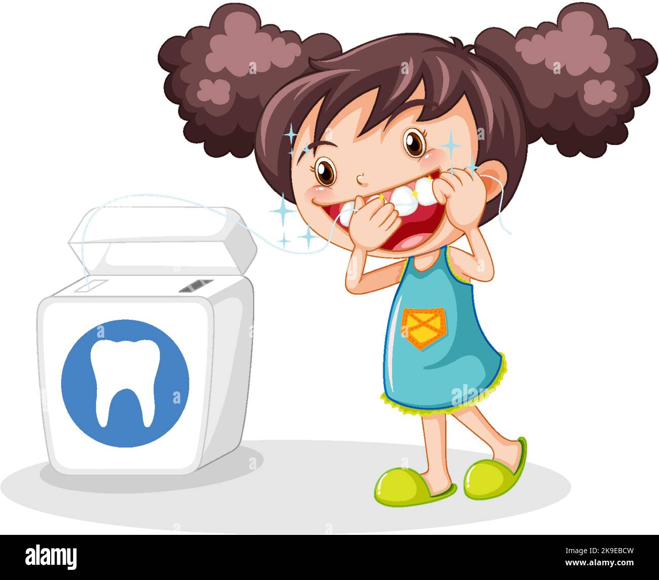 Cute girl cartoon character flossing teeth illustration Stock Vector