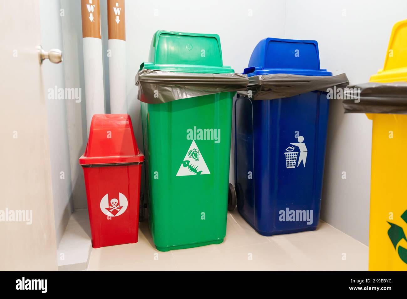 Colorful trash dustbin, Red, green, blue and yellow bin for Hazardous