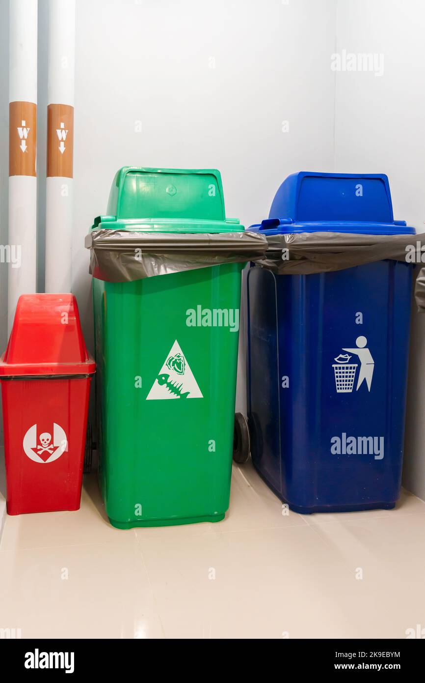 Colorful trash dustbin, Red, green, blue and yellow bin for Hazardous, Biodegradable, General