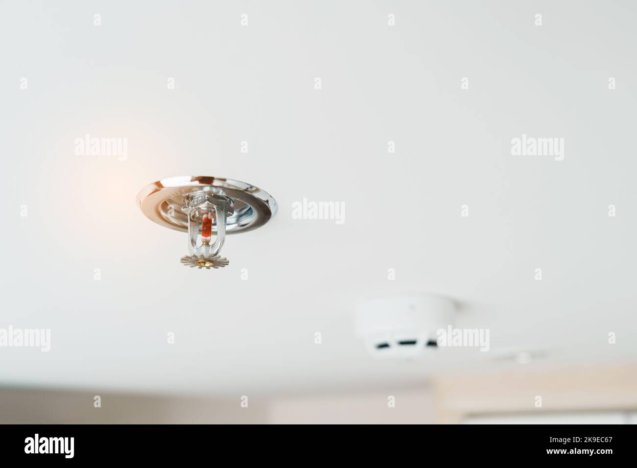 Fire Sprinkler and Smoke sensor detector mounted on roof in home or