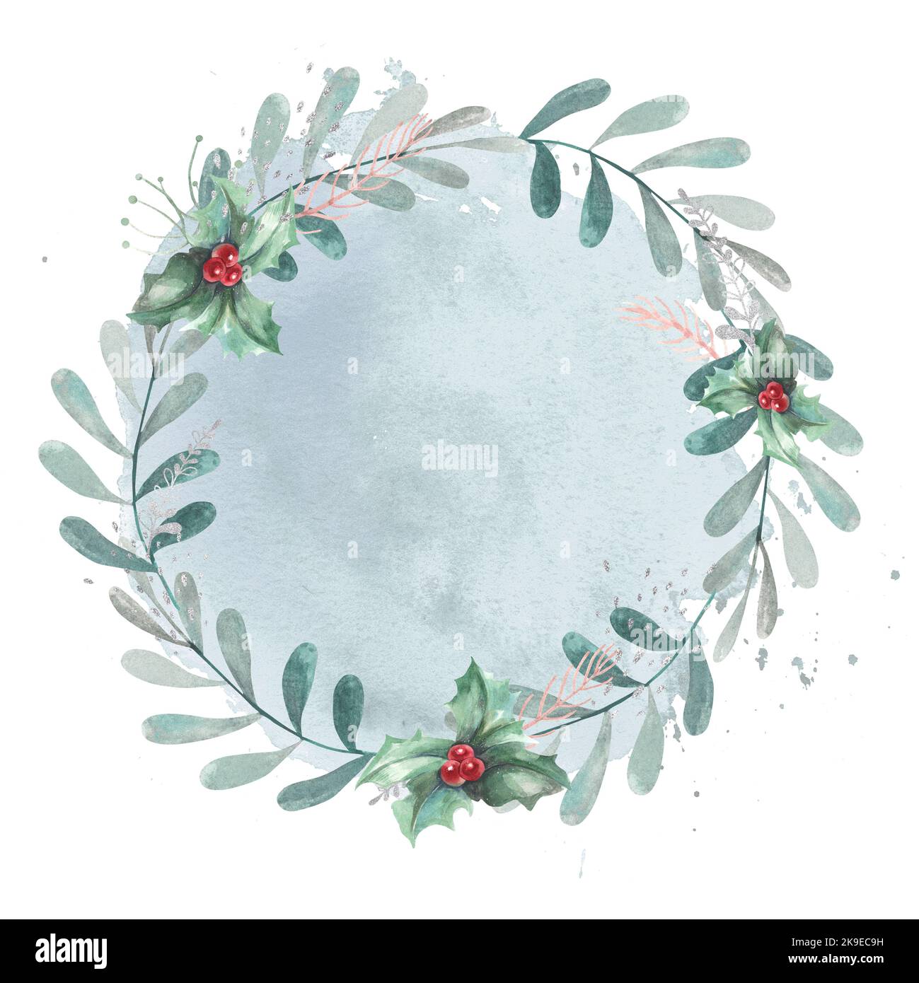 Round Christmas wreath of leaves, red berries and branches. against a ...