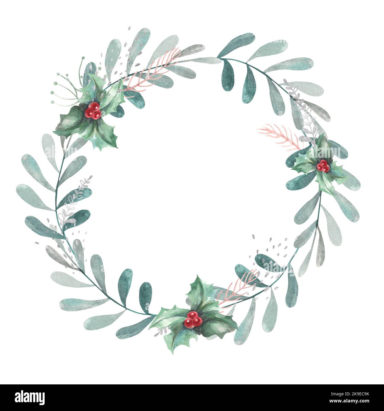 Round Christmas wreath of leaves, red berries and branches. Watercolor ...