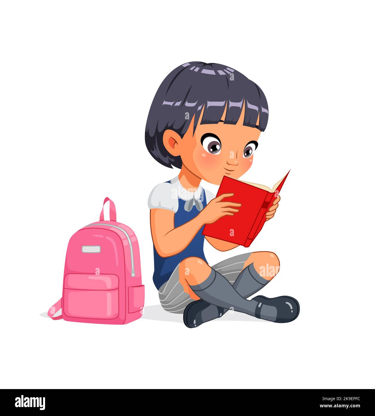Cute little Asian girl reading book sitting on the floor. Cartoon ...