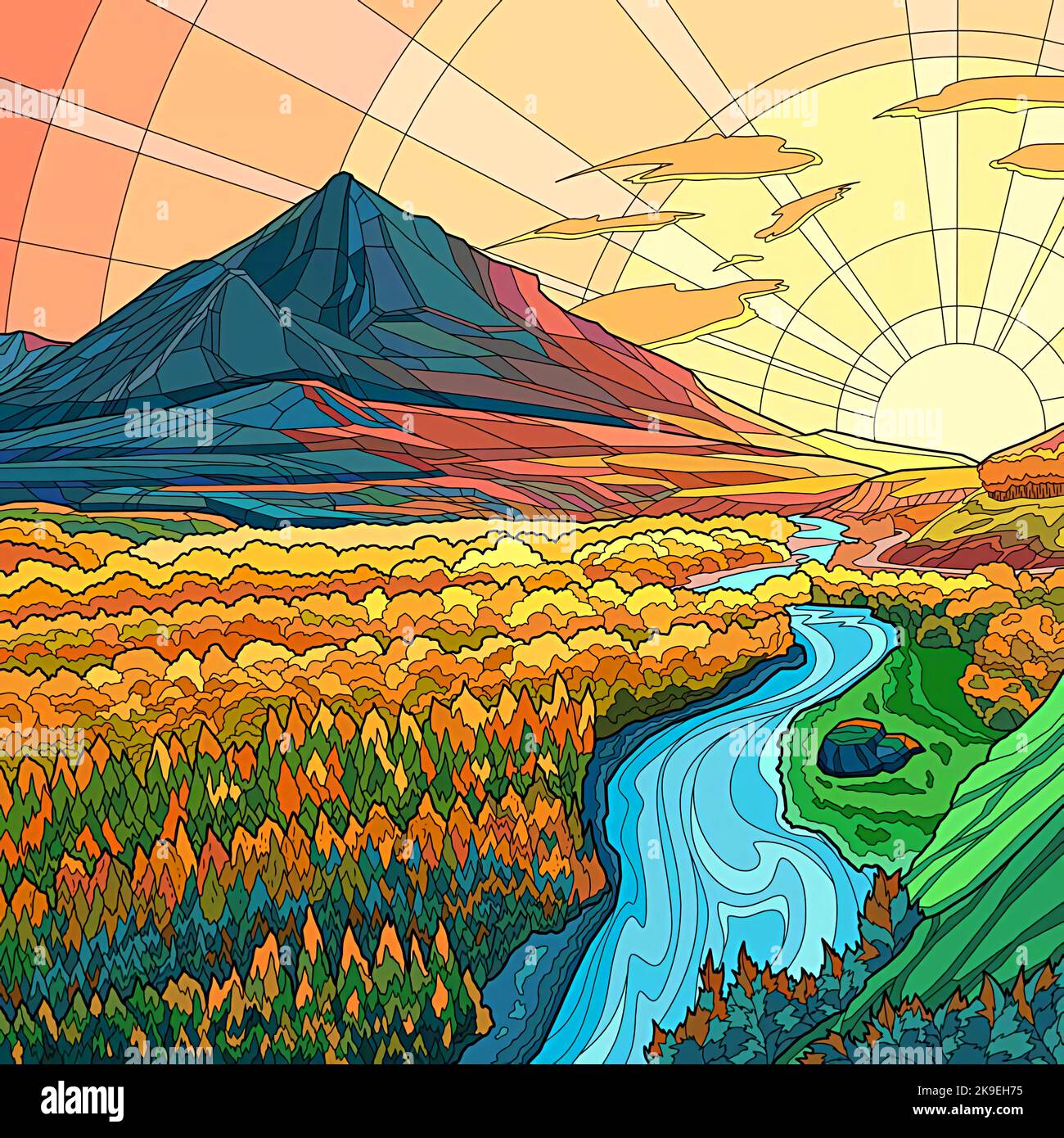 illustration of a sunset view in the mountain…