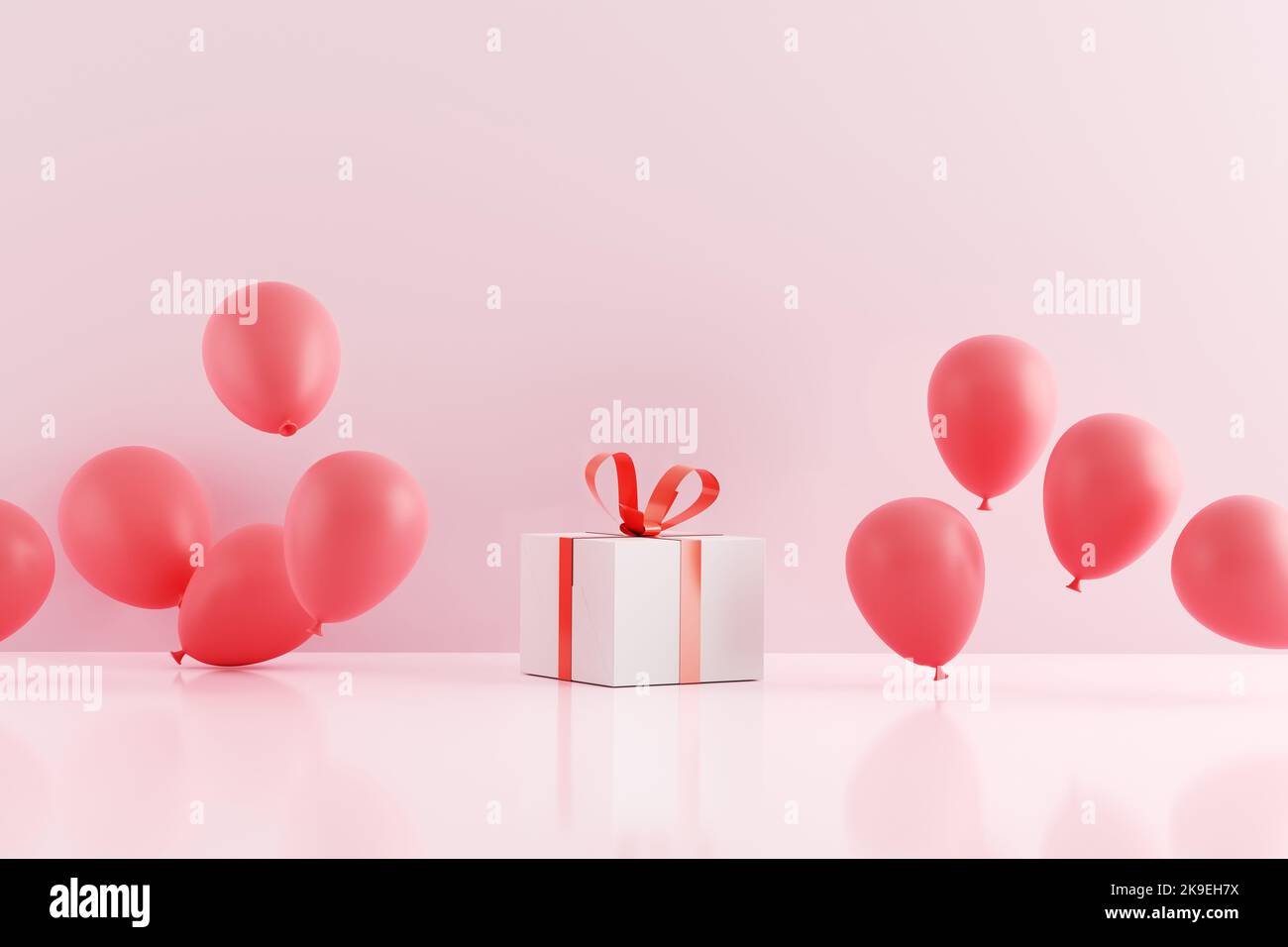 Pink flying air helium balloons with a gift box. 3D rendering Stock ...
