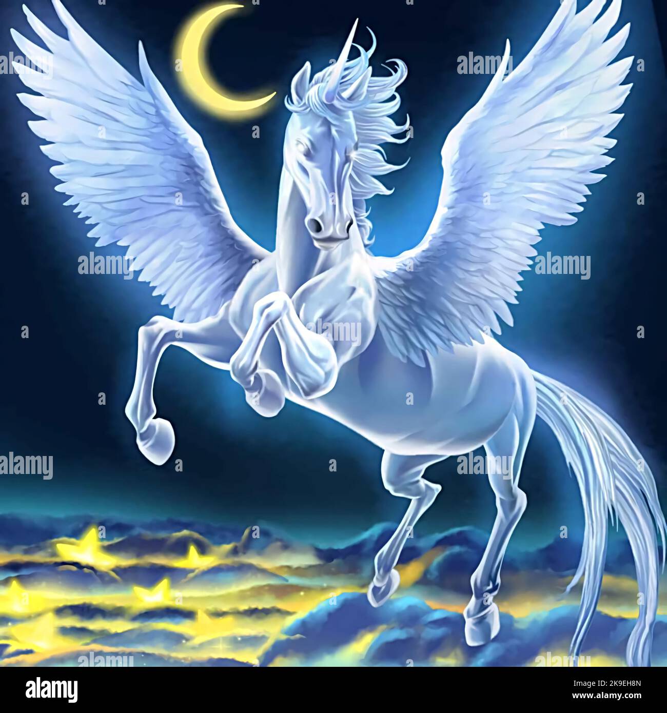 illustration of a white pegasus flying over the mountains at night