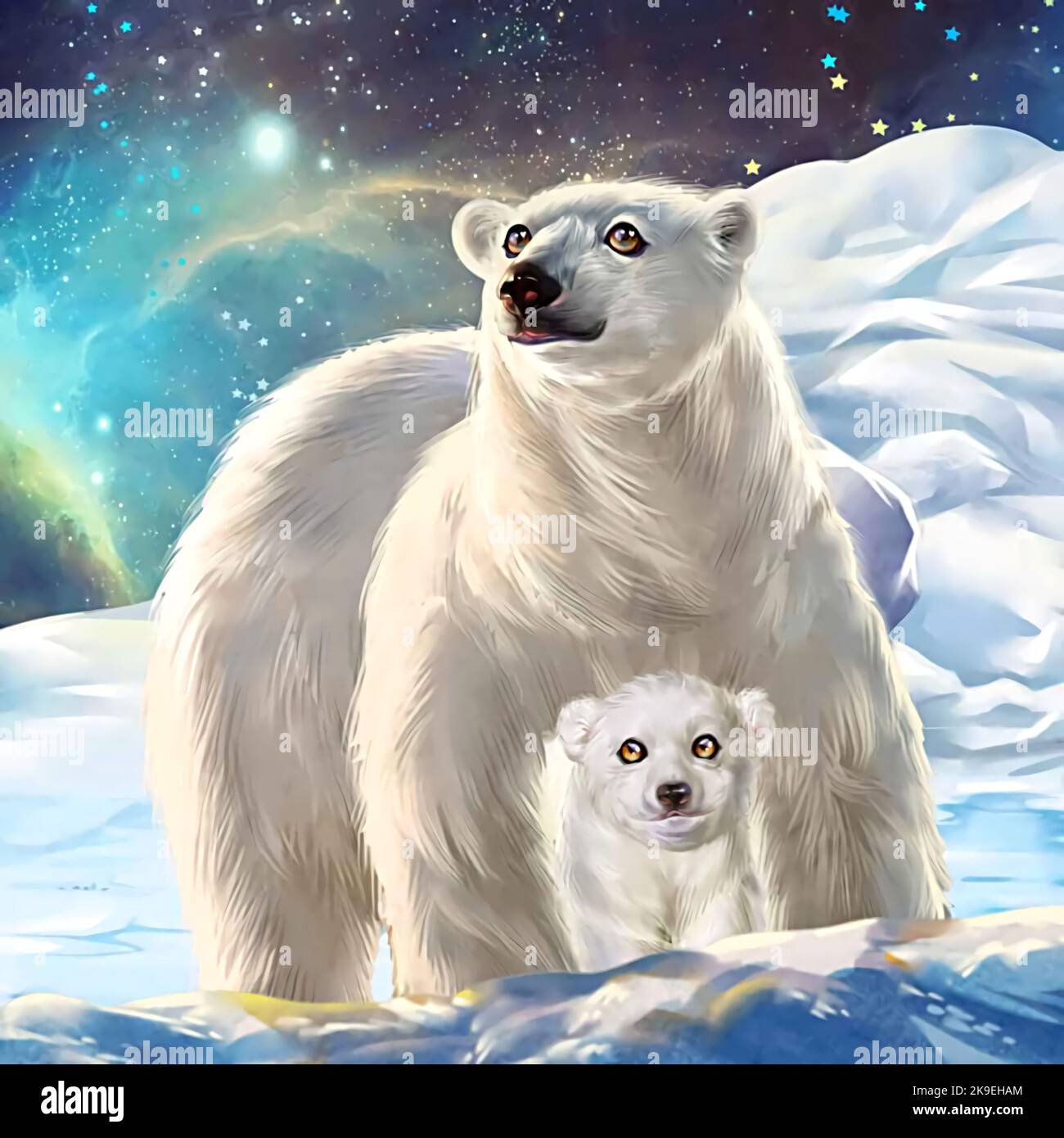 illustration of a mother polar bear and her cubs Stock Photo