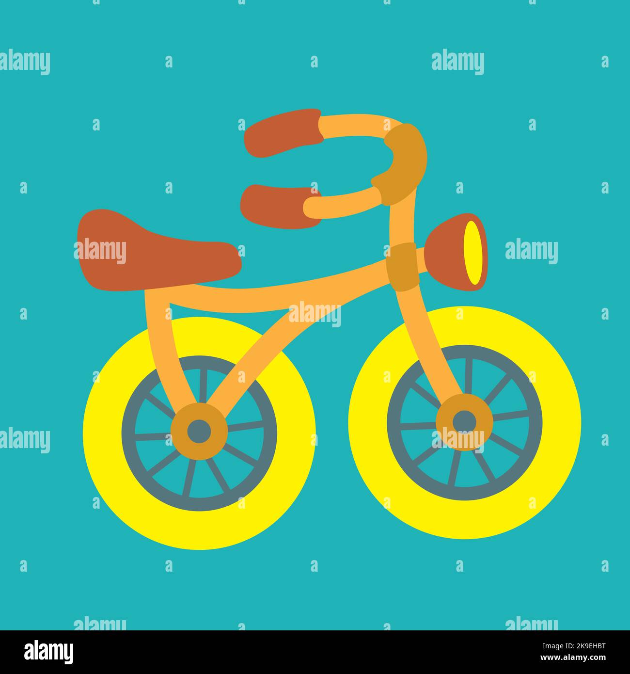 Vector illustration in flat style. Orange children bicycle with yellow wheels isolated in a blue background Stock Vector