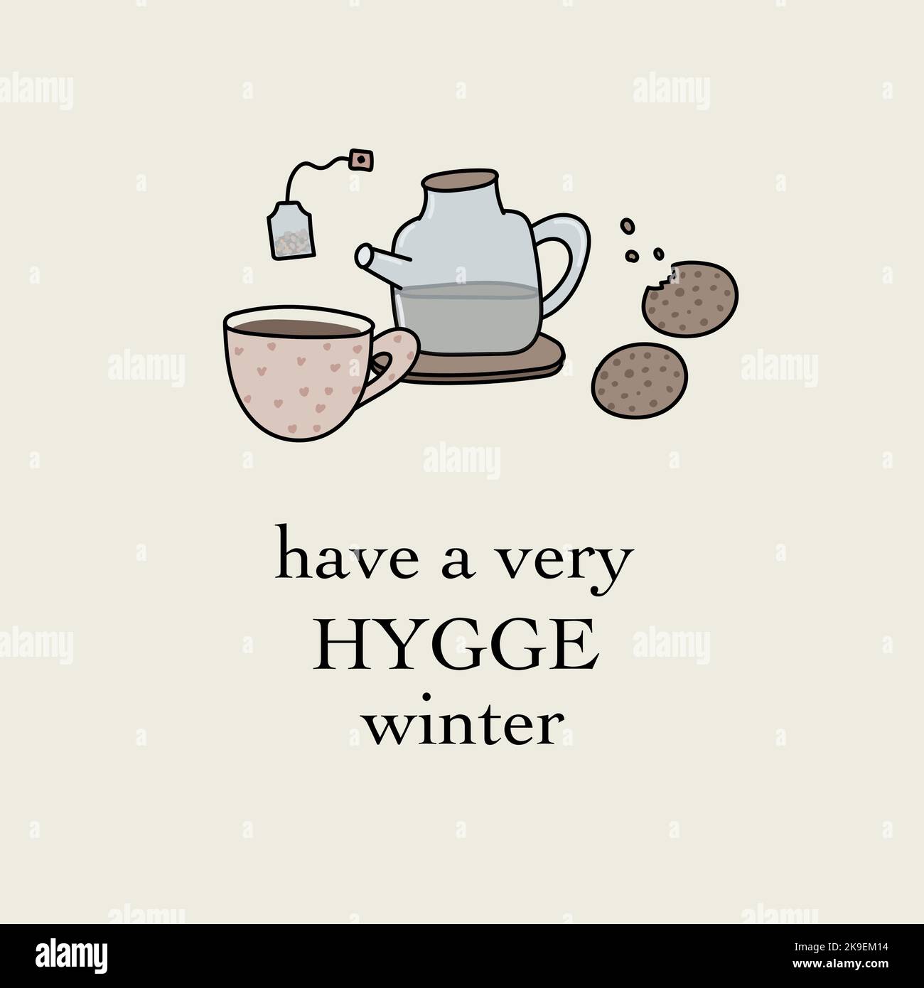 have a very hygge winter. tea coffee cookies Stock Vector