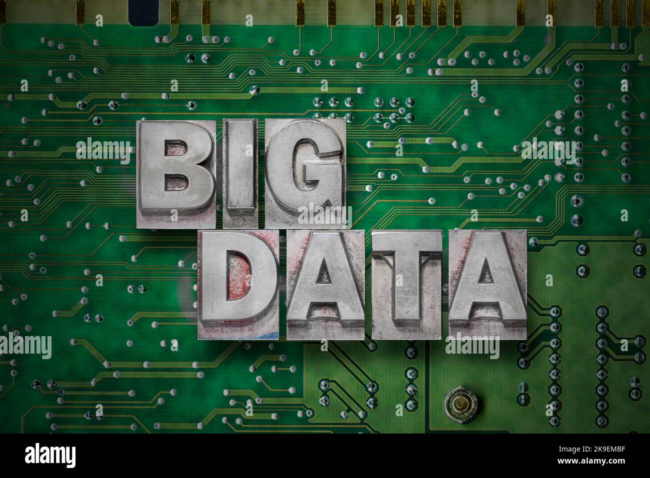 big data phrase made from metallic letterpress blocks on the pc board background Stock Photo