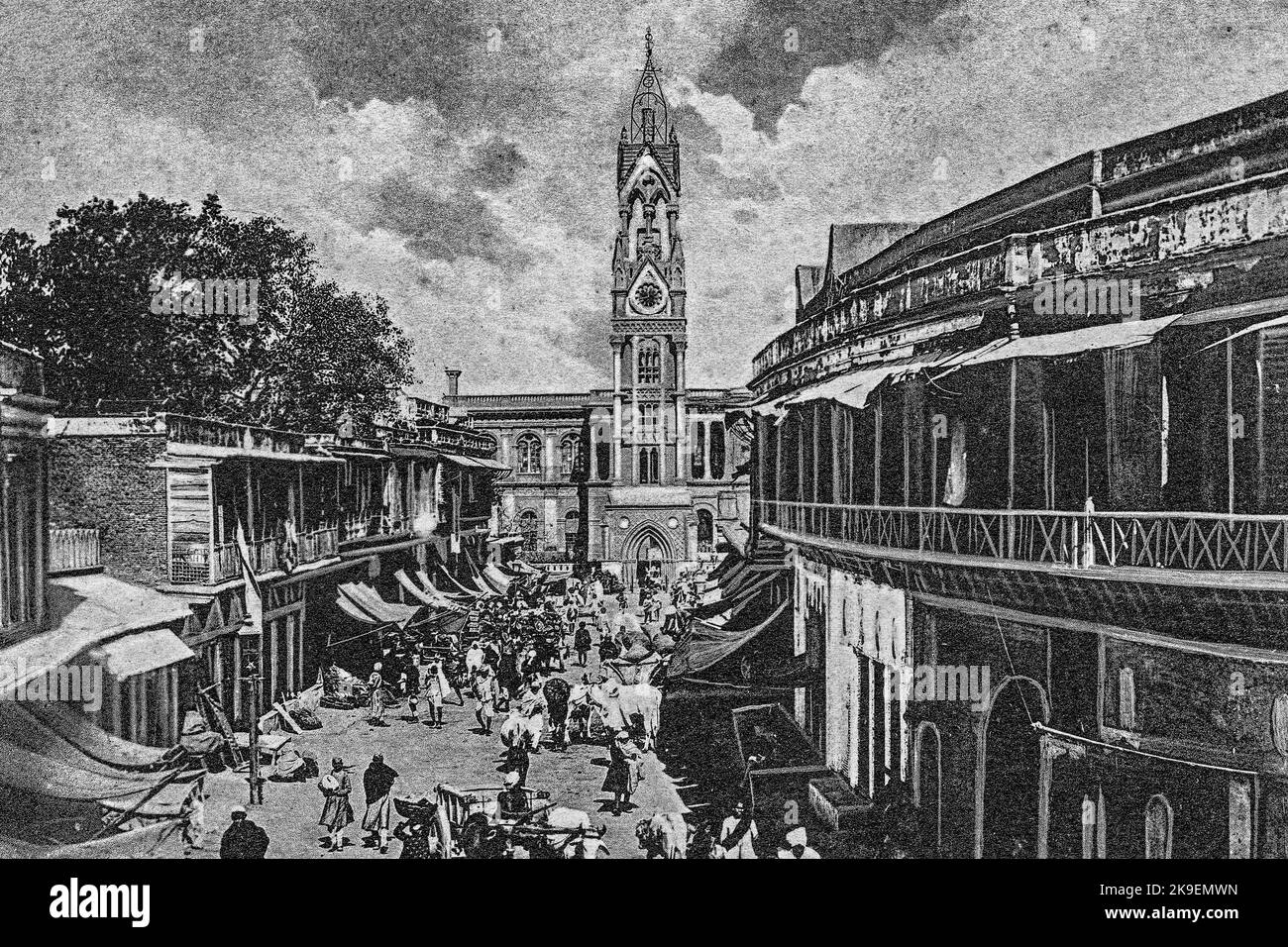 Black and White Photo of Clock Tower and Town Hall Chandni Chowk Delhi