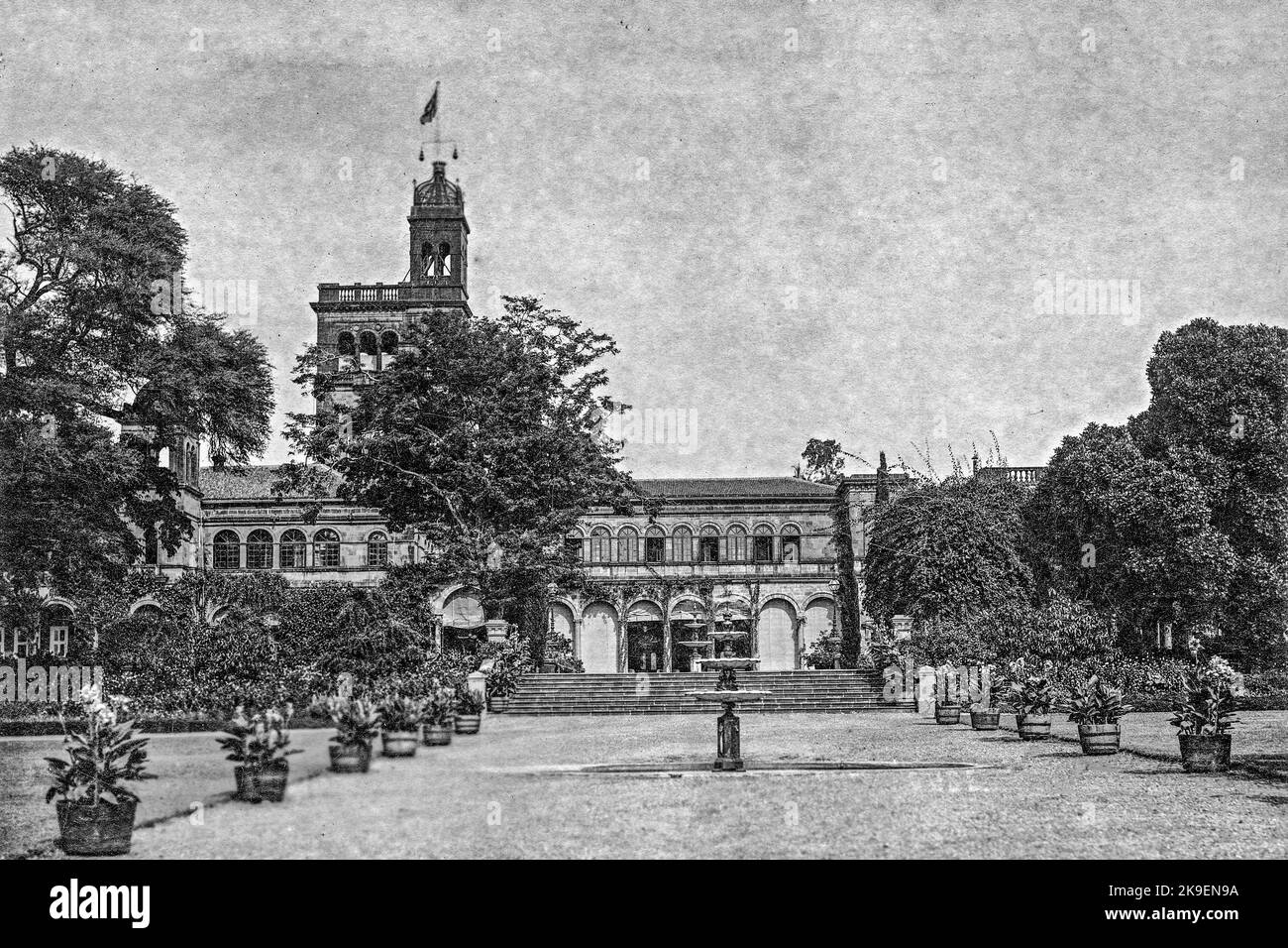Old Black and White Photo of Council Hall now Savitribai Phule Pune University, Pune, Maharashtra India. Stock Photo