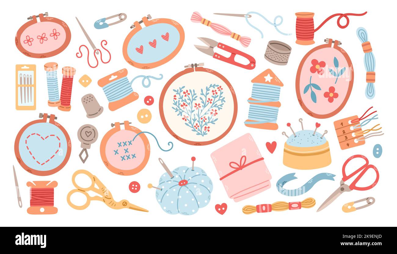 Set of tools for hobby, embroidery needlework, canvas, hoop, thread a needle, floss, scissors, flat vector graphics Stock Vector