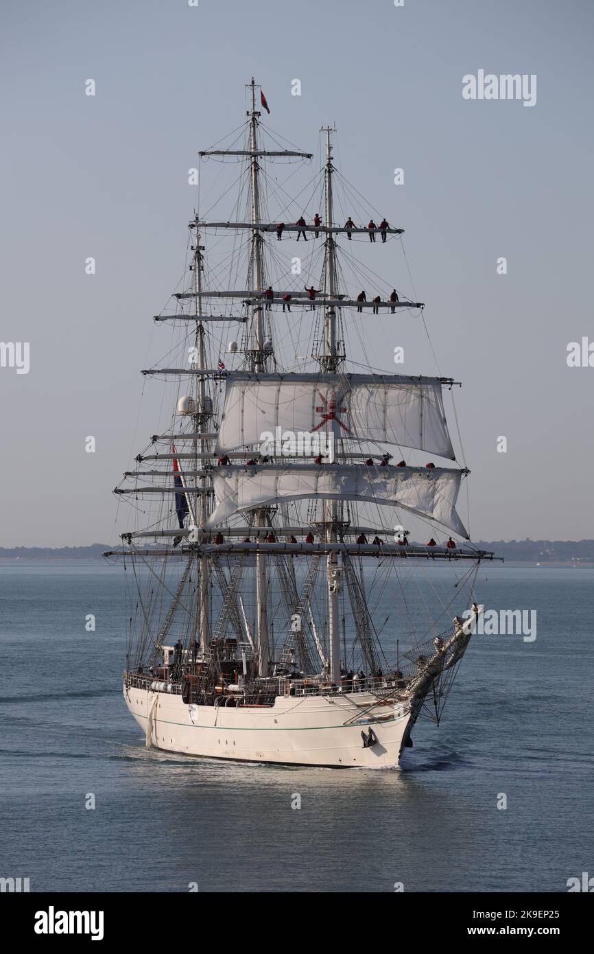 The Royal Oman Navy’s three mast square rigged clipper SHABAB OMAN II approaching the Naval Base Stock Photo